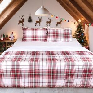 Plaid Red and White Twin Duvet Cover Set